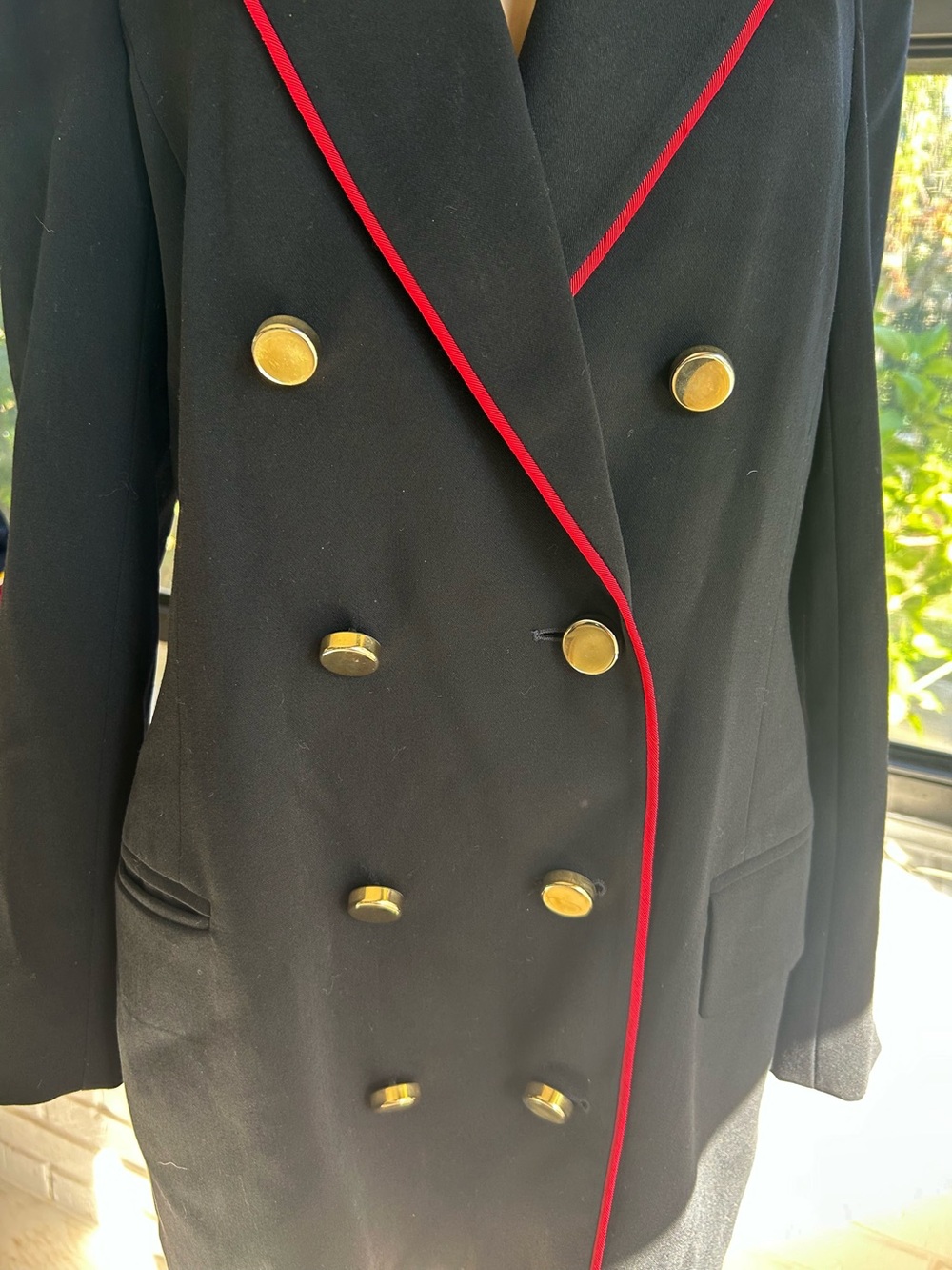 Crisca Double-Breasted Black Jacket with Red Piping